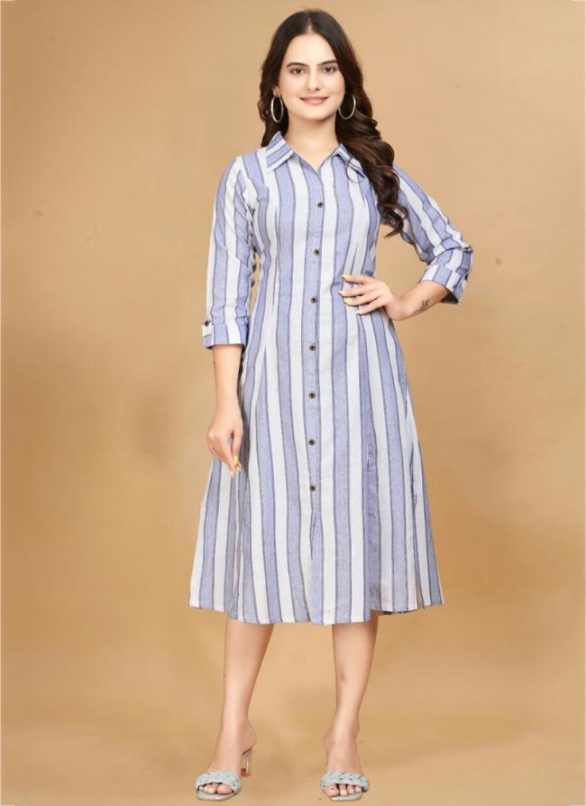 Cotton Blue Casual Wear Printed Readymade Gown